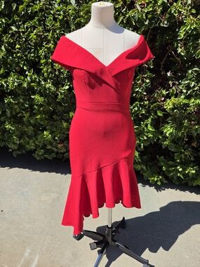 Xscape Red Off Shoulder Crepe Cocktail Dress Women's 6 High Low Ruffle